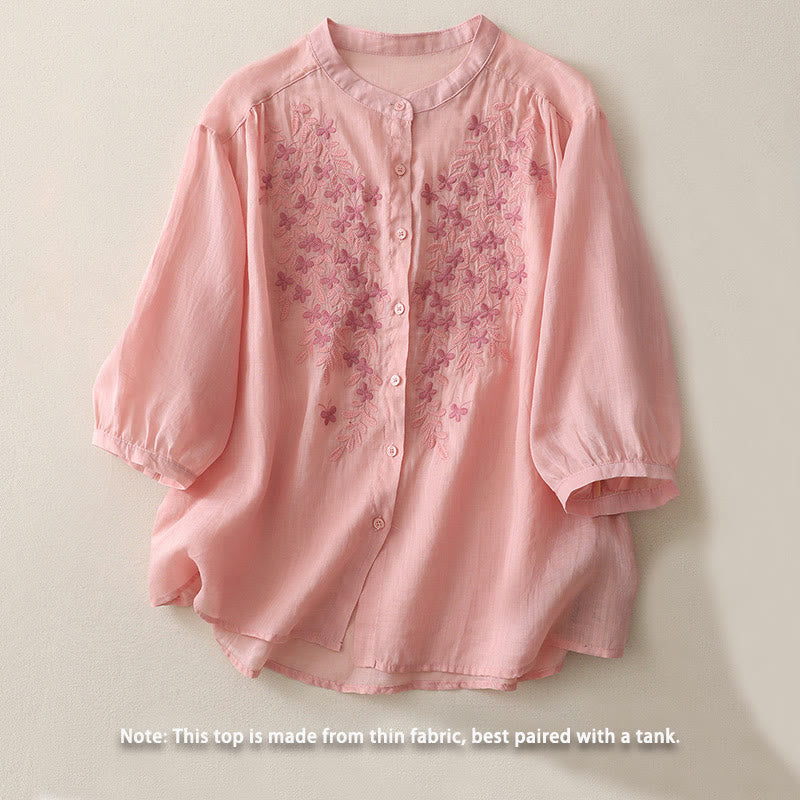 Embroidery Flowers Single Breasted Women's Cotton Linen Shirt