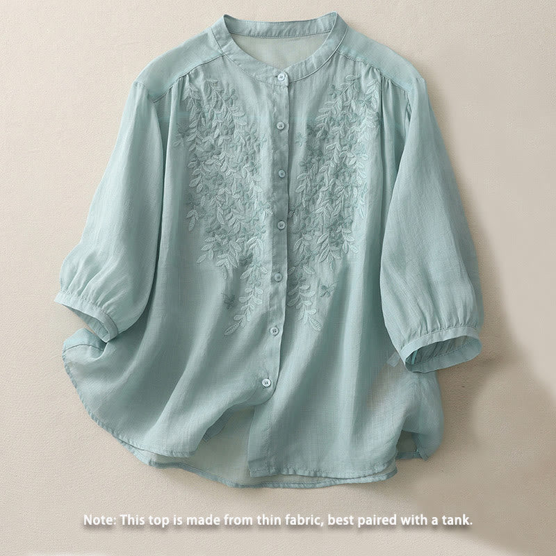 Embroidery Flowers Single Breasted Women's Cotton Linen Shirt