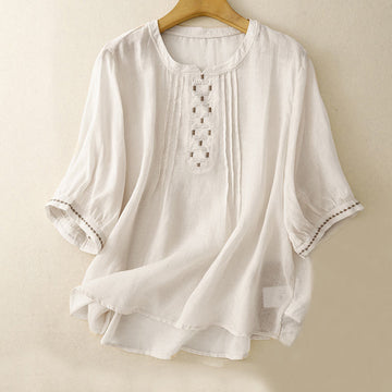 Embroidered Cotton Linen Pleated Meditation T-Shirt