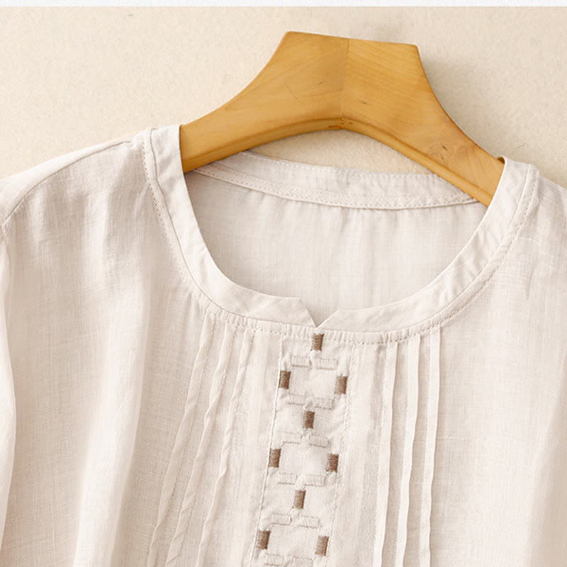 Embroidered Cotton Linen Pleated Meditation T-Shirt