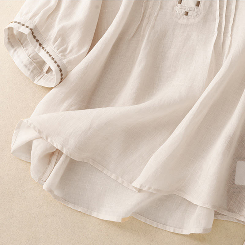 Embroidered Cotton Linen Pleated Meditation T-Shirt