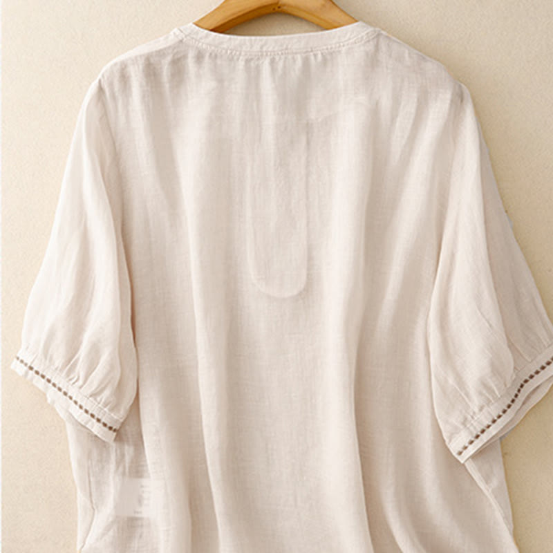 Embroidered Cotton Linen Pleated Meditation T-Shirt