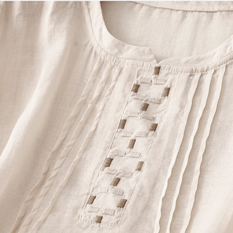 Embroidered Cotton Linen Pleated Meditation T-Shirt