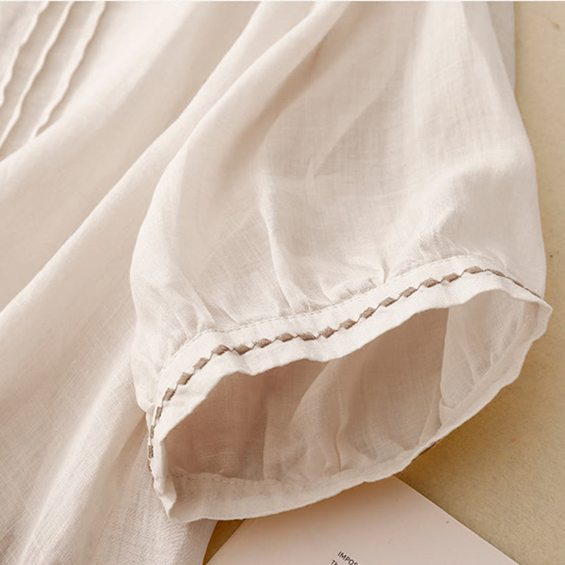 Embroidered Cotton Linen Pleated Meditation T-Shirt