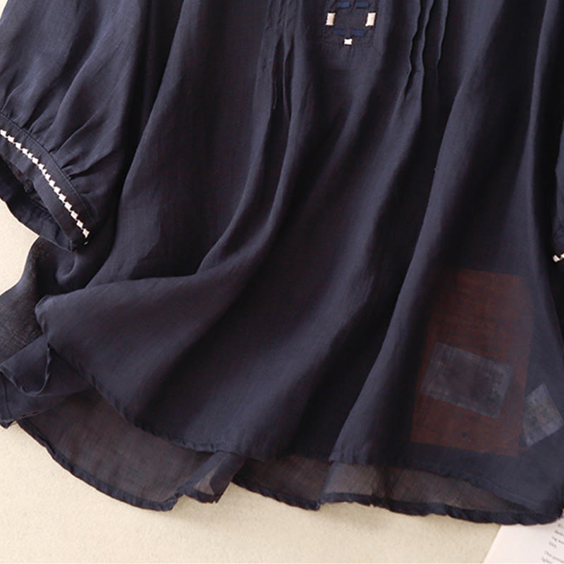 Embroidered Cotton Linen Pleated Meditation T-Shirt