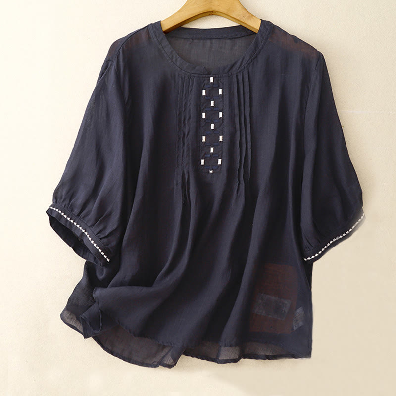 Embroidered Cotton Linen Pleated Meditation T-Shirt
