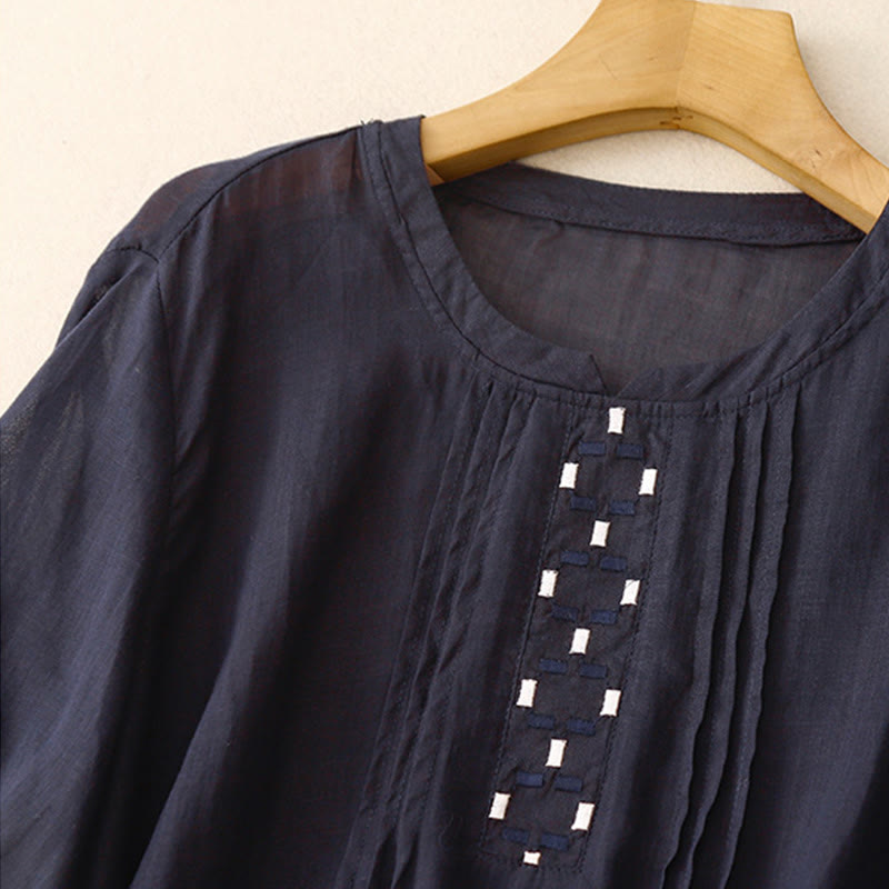 Embroidered Cotton Linen Pleated Meditation T-Shirt