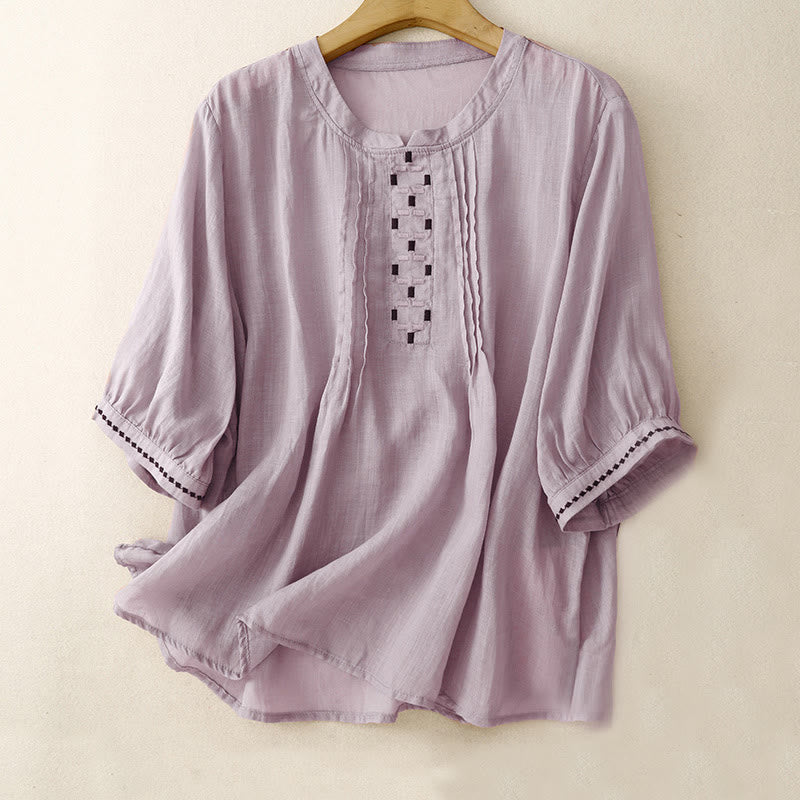 Embroidered Cotton Linen Pleated Meditation T-Shirt