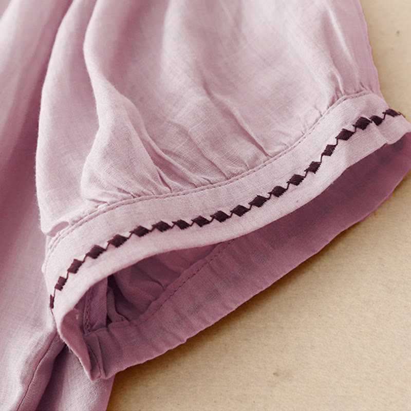 Embroidered Cotton Linen Pleated Meditation T-Shirt