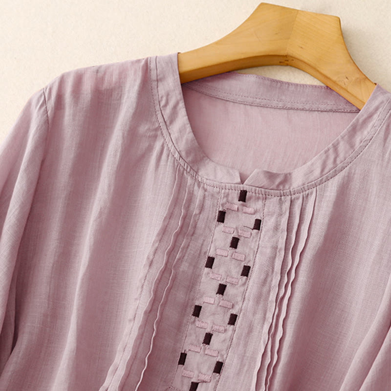 Embroidered Cotton Linen Pleated Meditation T-Shirt