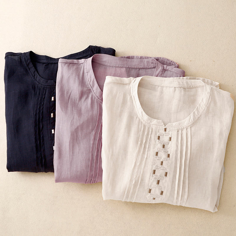Embroidered Cotton Linen Pleated Meditation T-Shirt