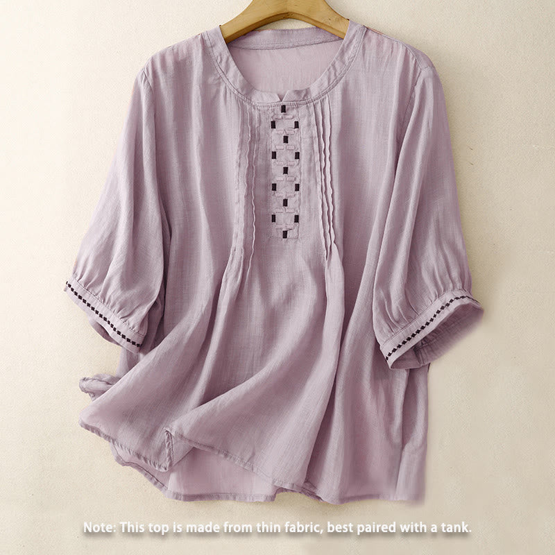 Embroidered Cotton Linen Pleated Meditation T-Shirt