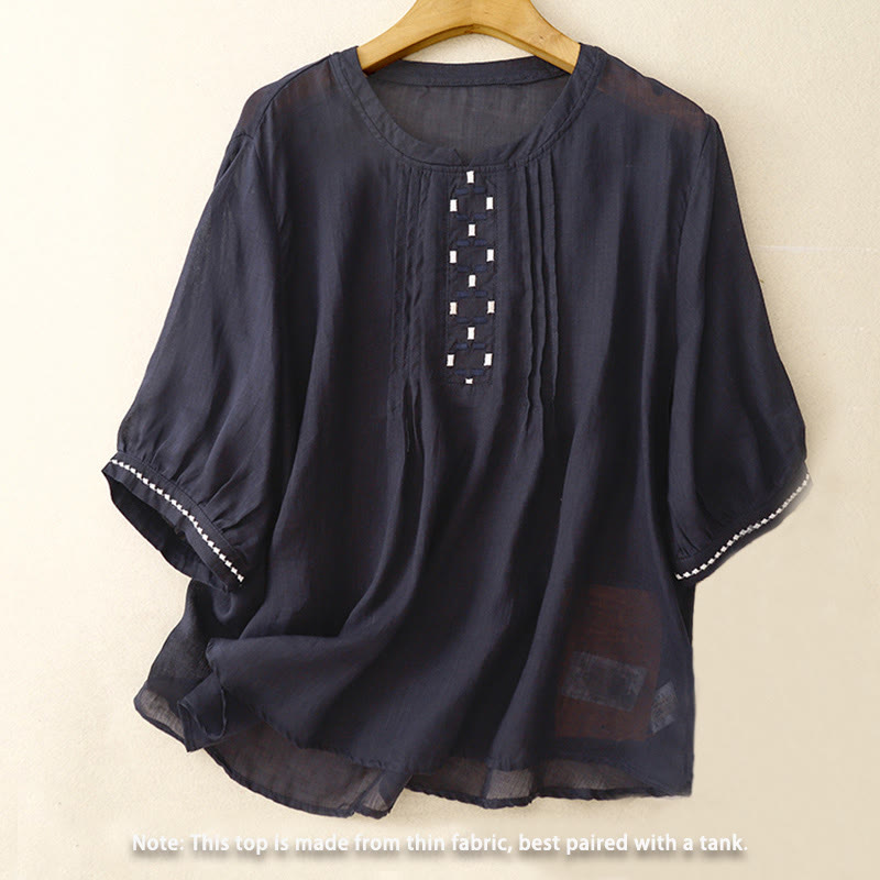 Embroidered Cotton Linen Pleated Meditation T-Shirt