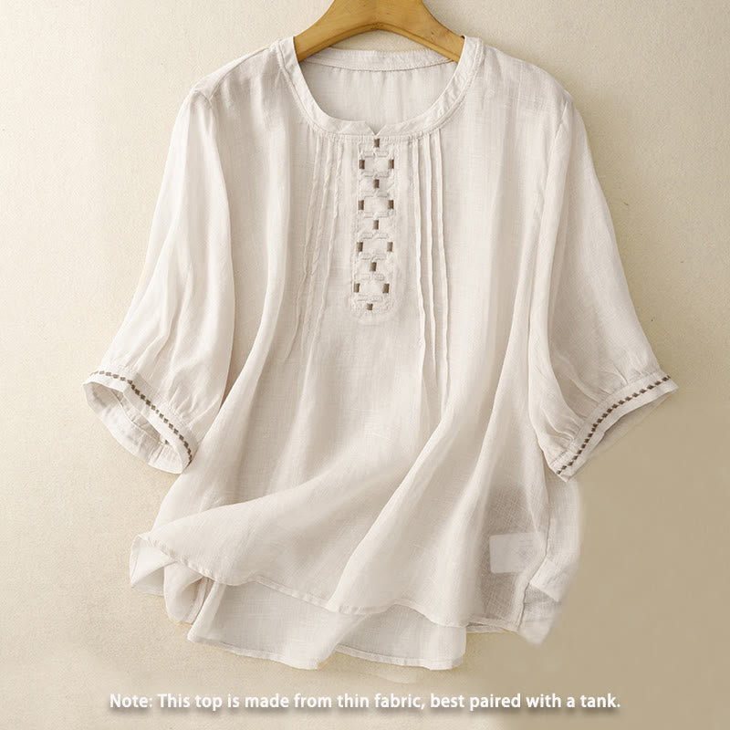 Embroidered Cotton Linen Pleated Meditation T-Shirt