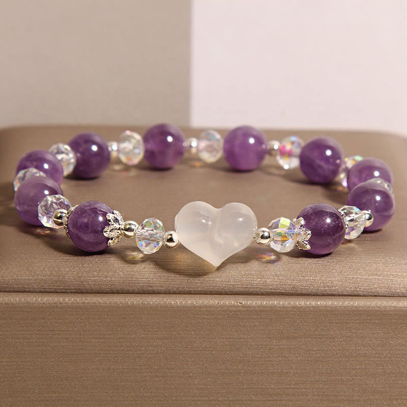 Heart-Accented Amethyst, White Agate & Clear Quartz Beaded Balance Bracelet