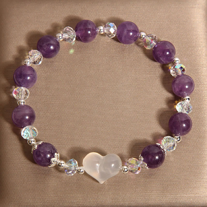 Heart-Accented Amethyst, White Agate & Clear Quartz Beaded Balance Bracelet
