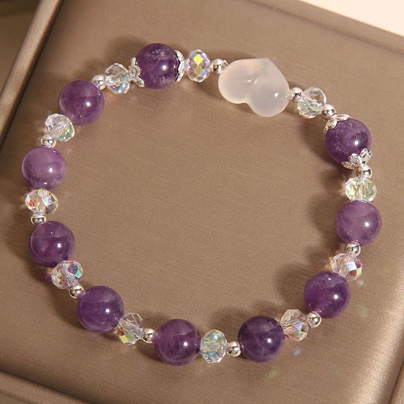 Heart-Accented Amethyst, White Agate & Clear Quartz Beaded Balance Bracelet
