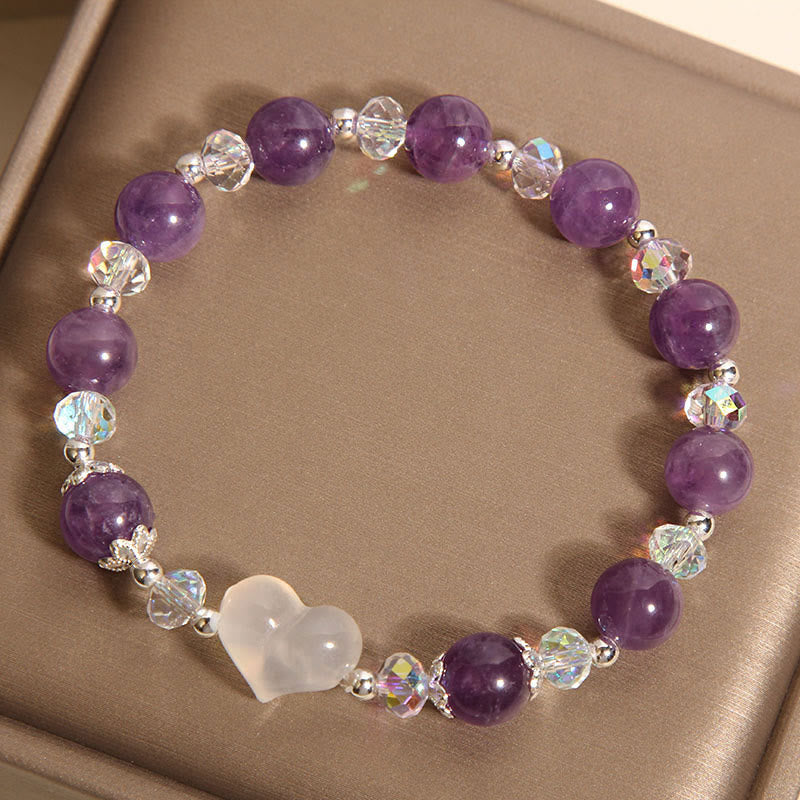 Heart-Accented Amethyst, White Agate & Clear Quartz Beaded Balance Bracelet