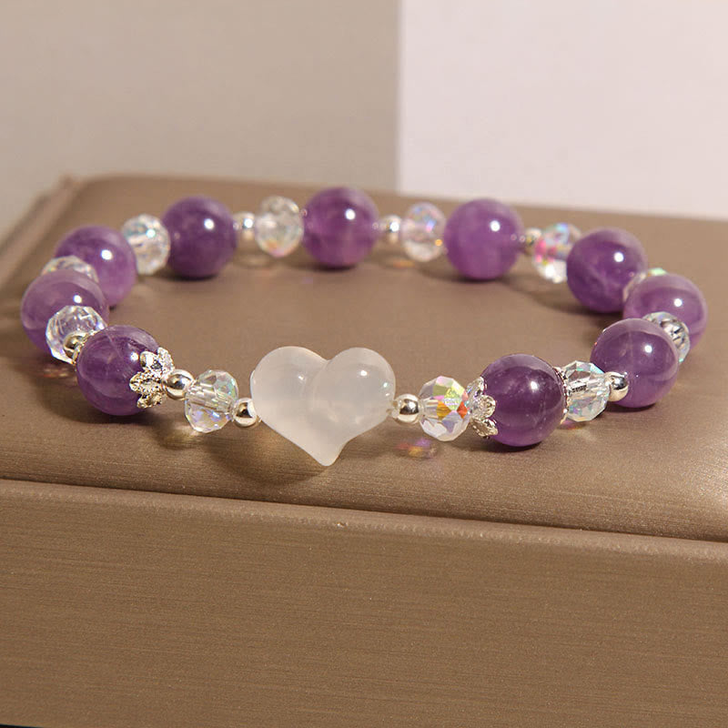 Heart-Accented Amethyst, White Agate & Clear Quartz Beaded Balance Bracelet