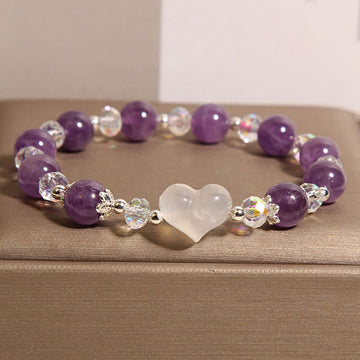 Heart-Accented Amethyst, White Agate & Clear Quartz Beaded Balance Bracelet