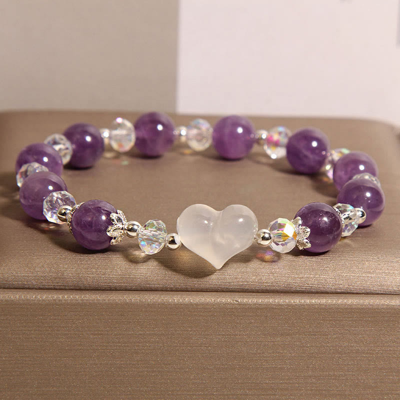 Heart-Accented Amethyst, White Agate & Clear Quartz Beaded Balance Bracelet