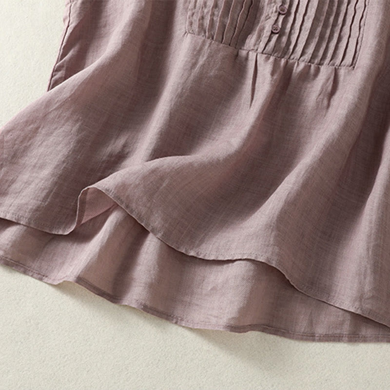 Casual Sleeveless Pleated Design Women's Cotton Linen Half Sleeve Shirt