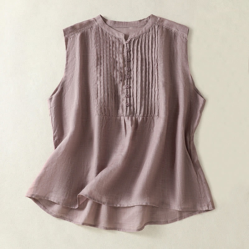 Casual Sleeveless Pleated Design Women's Cotton Linen Half Sleeve Shirt