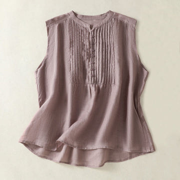 Casual Sleeveless Pleated Design Women's Cotton Linen Half Sleeve Shirt