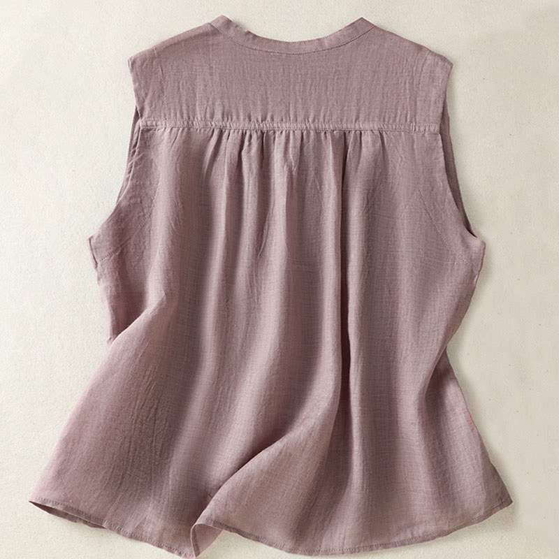 Casual Sleeveless Pleated Design Women's Cotton Linen Half Sleeve Shirt