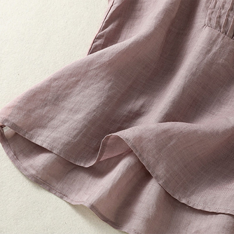 Casual Sleeveless Pleated Design Women's Cotton Linen Half Sleeve Shirt