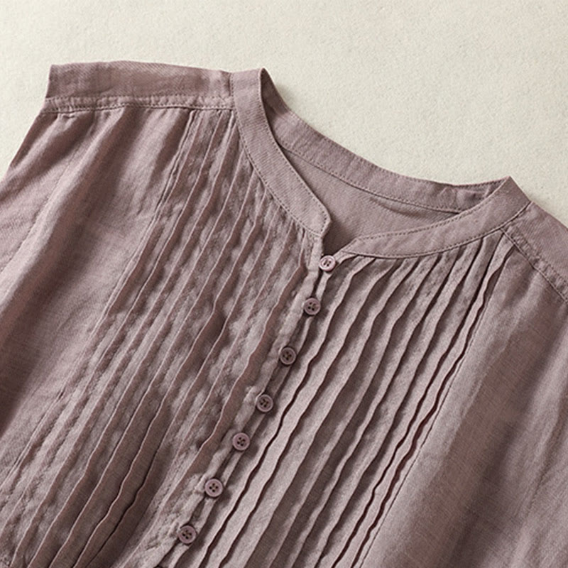 Casual Sleeveless Pleated Design Women's Cotton Linen Half Sleeve Shirt