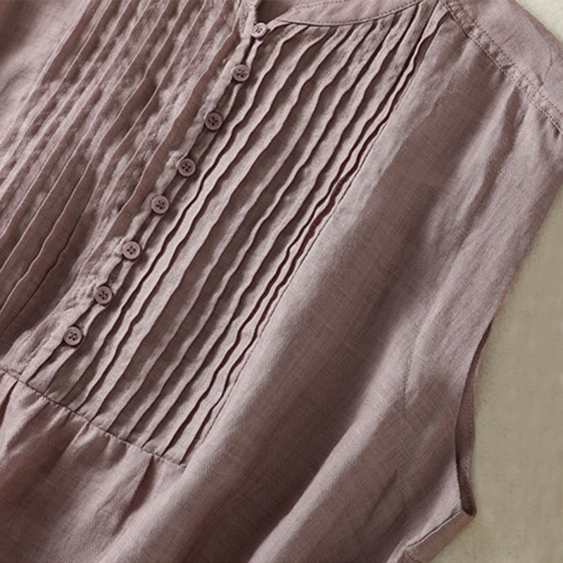 Casual Sleeveless Pleated Design Women's Cotton Linen Half Sleeve Shirt