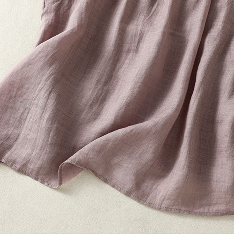 Casual Sleeveless Pleated Design Women's Cotton Linen Half Sleeve Shirt