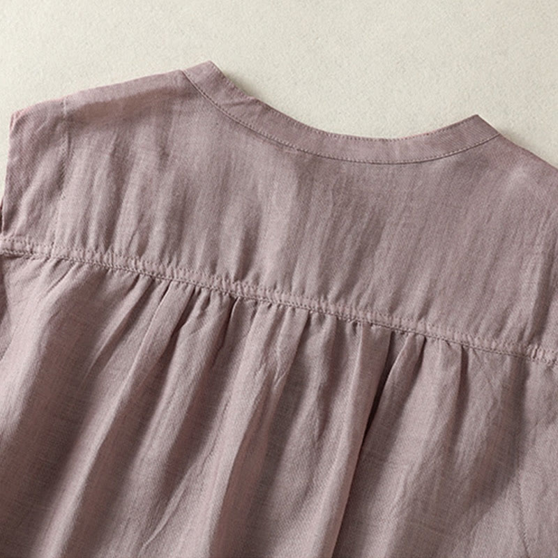 Casual Sleeveless Pleated Design Women's Cotton Linen Half Sleeve Shirt