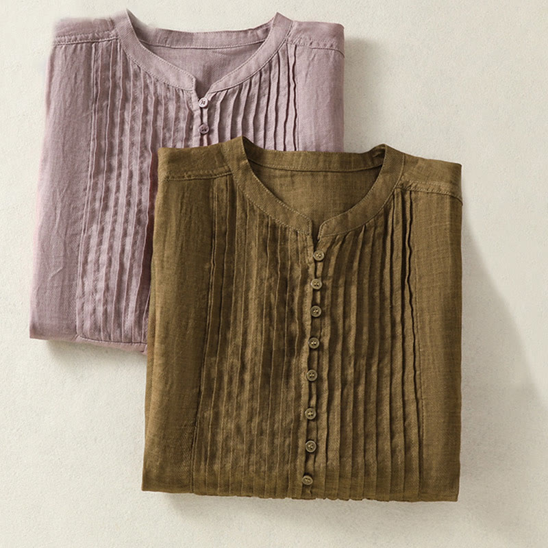Casual Sleeveless Pleated Design Women's Cotton Linen Half Sleeve Shirt