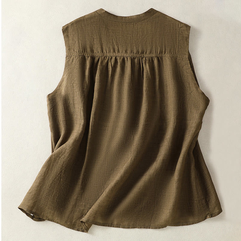Casual Sleeveless Pleated Design Women's Cotton Linen Half Sleeve Shirt