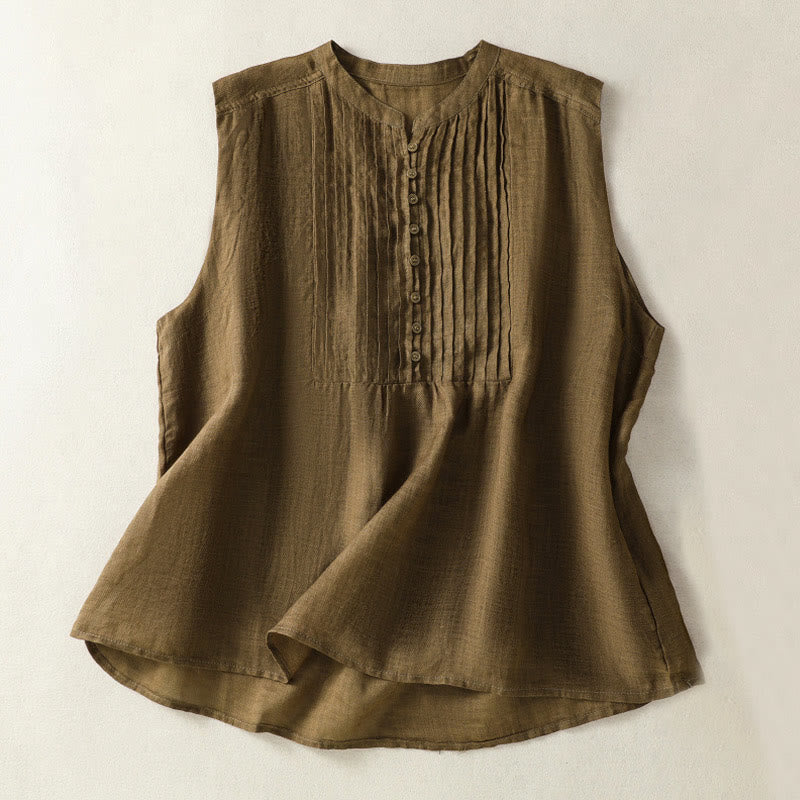Casual Sleeveless Pleated Design Women's Cotton Linen Half Sleeve Shirt