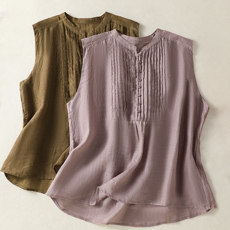 Casual Sleeveless Pleated Design Women's Cotton Linen Half Sleeve Shirt