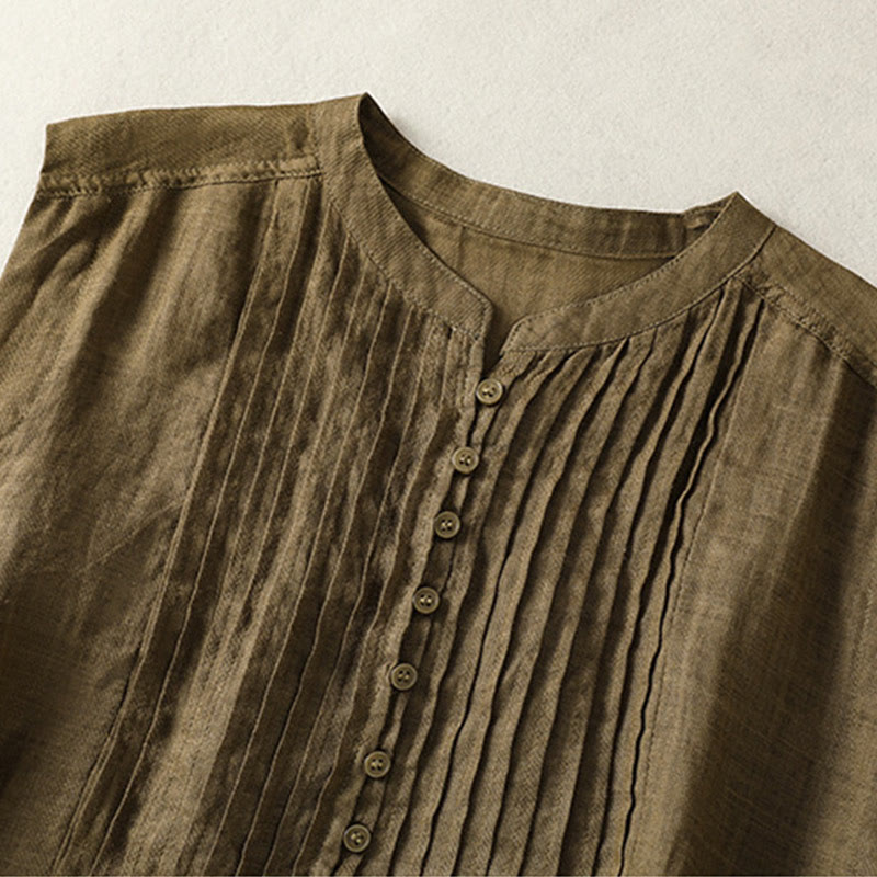 Casual Sleeveless Pleated Design Women's Cotton Linen Half Sleeve Shirt