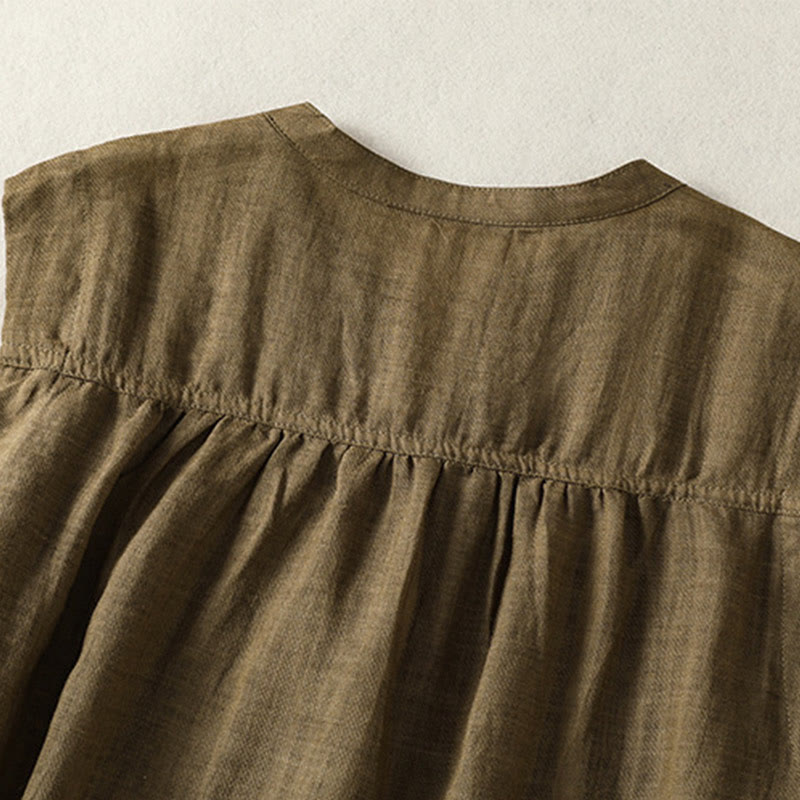 Casual Sleeveless Pleated Design Women's Cotton Linen Half Sleeve Shirt