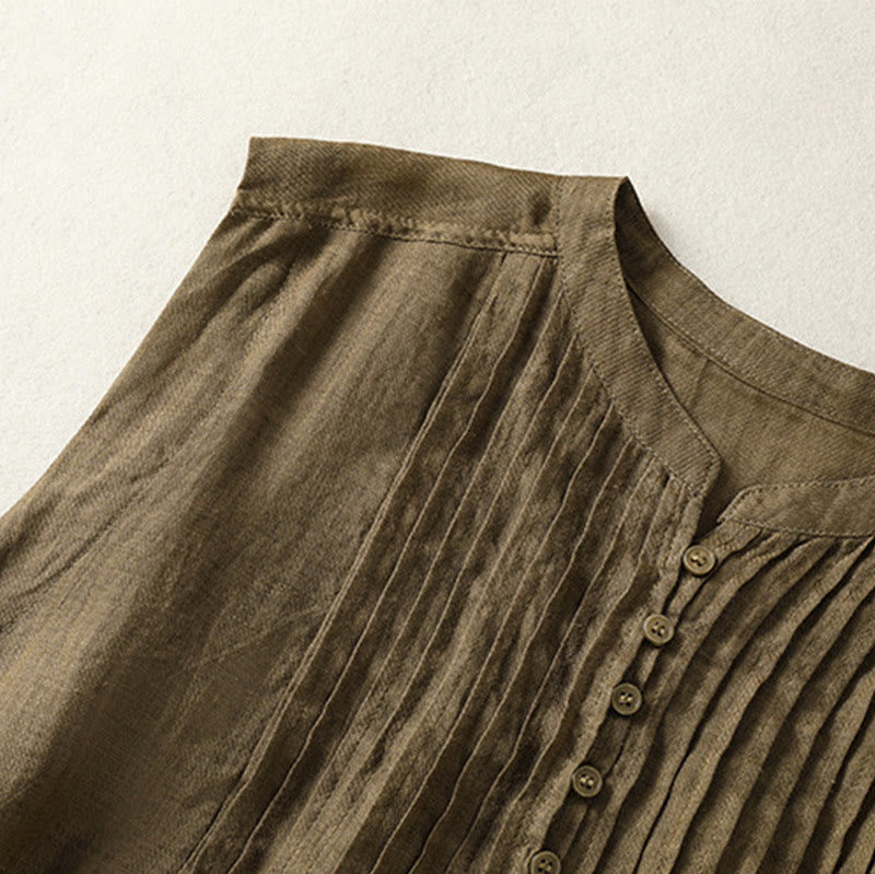 Casual Sleeveless Pleated Design Women's Cotton Linen Half Sleeve Shirt