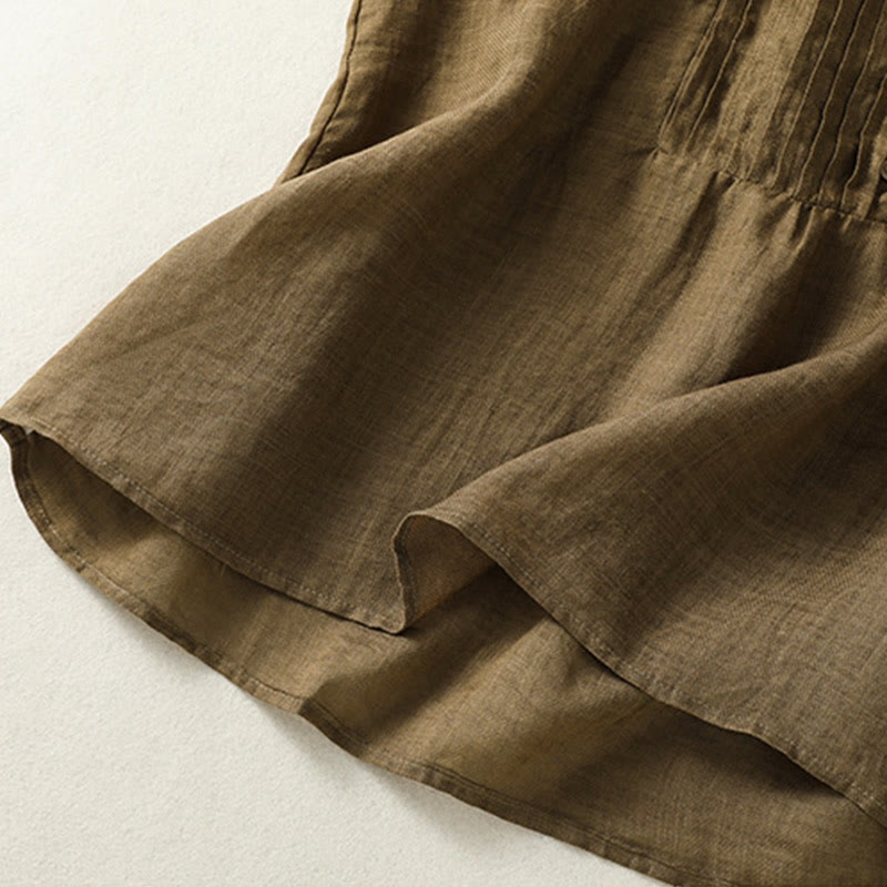 Casual Sleeveless Pleated Design Women's Cotton Linen Half Sleeve Shirt
