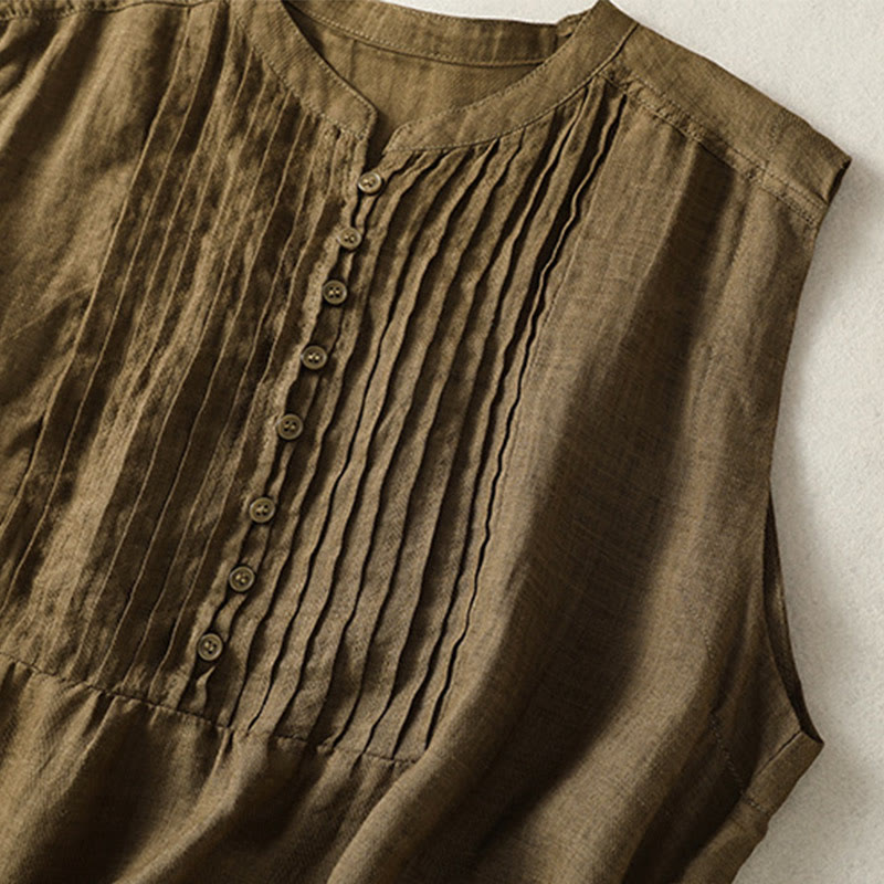 Casual Sleeveless Pleated Design Women's Cotton Linen Half Sleeve Shirt
