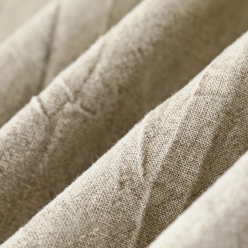 Plain Pleats Half Buttons Design Stand Collar Men's Long Sleeve Cotton Linen Shirt