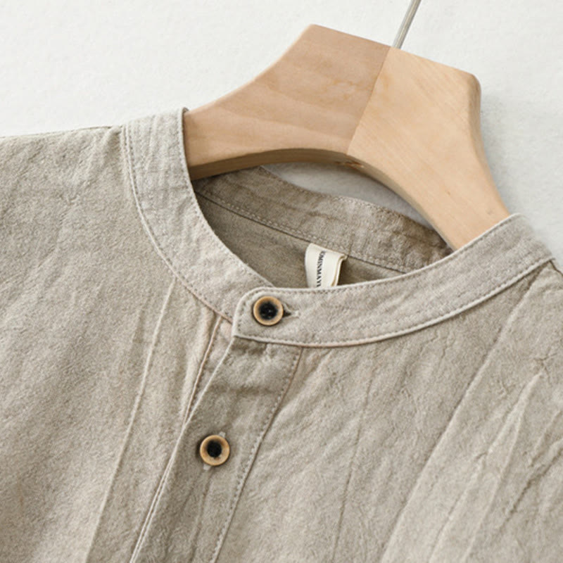 Plain Pleats Half Buttons Design Stand Collar Men's Long Sleeve Cotton Linen Shirt