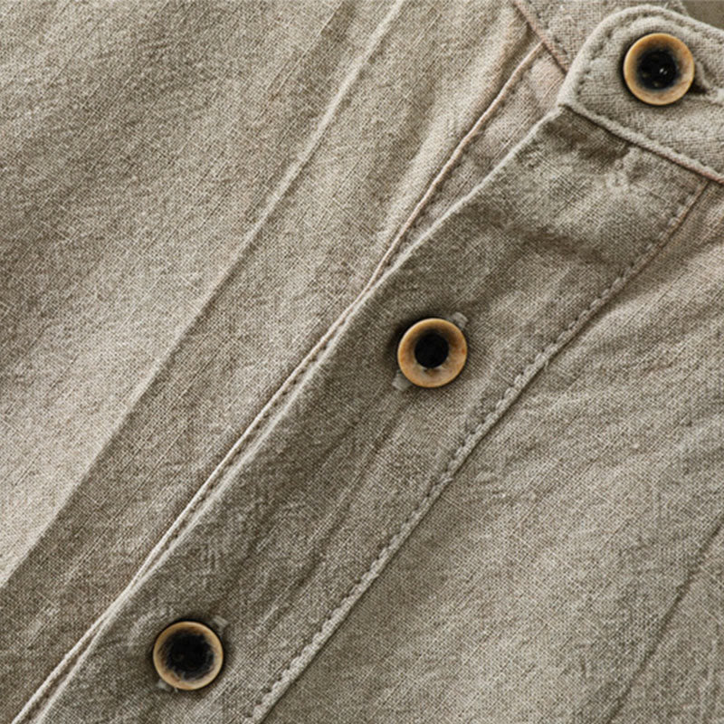 Plain Pleats Half Buttons Design Stand Collar Men's Long Sleeve Cotton Linen Shirt