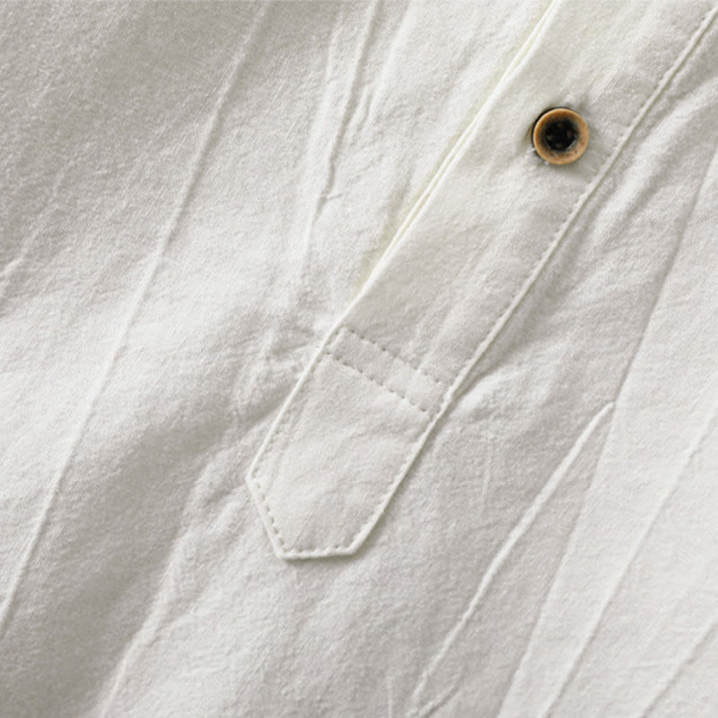 Plain Pleats Half Buttons Design Stand Collar Men's Long Sleeve Cotton Linen Shirt