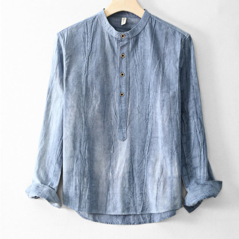 Plain Pleats Half Buttons Design Stand Collar Men's Long Sleeve Cotton Linen Shirt