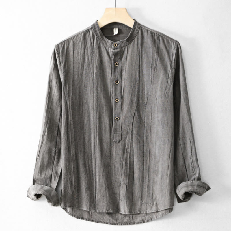 Plain Pleats Half Buttons Design Stand Collar Men's Long Sleeve Cotton Linen Shirt
