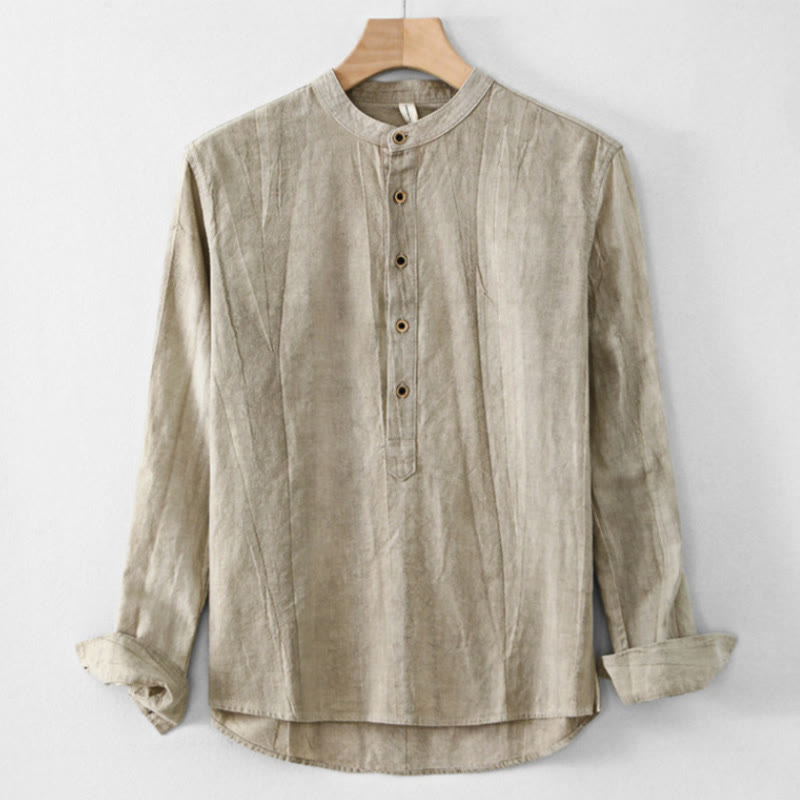 Plain Pleats Half Buttons Design Stand Collar Men's Long Sleeve Cotton Linen Shirt